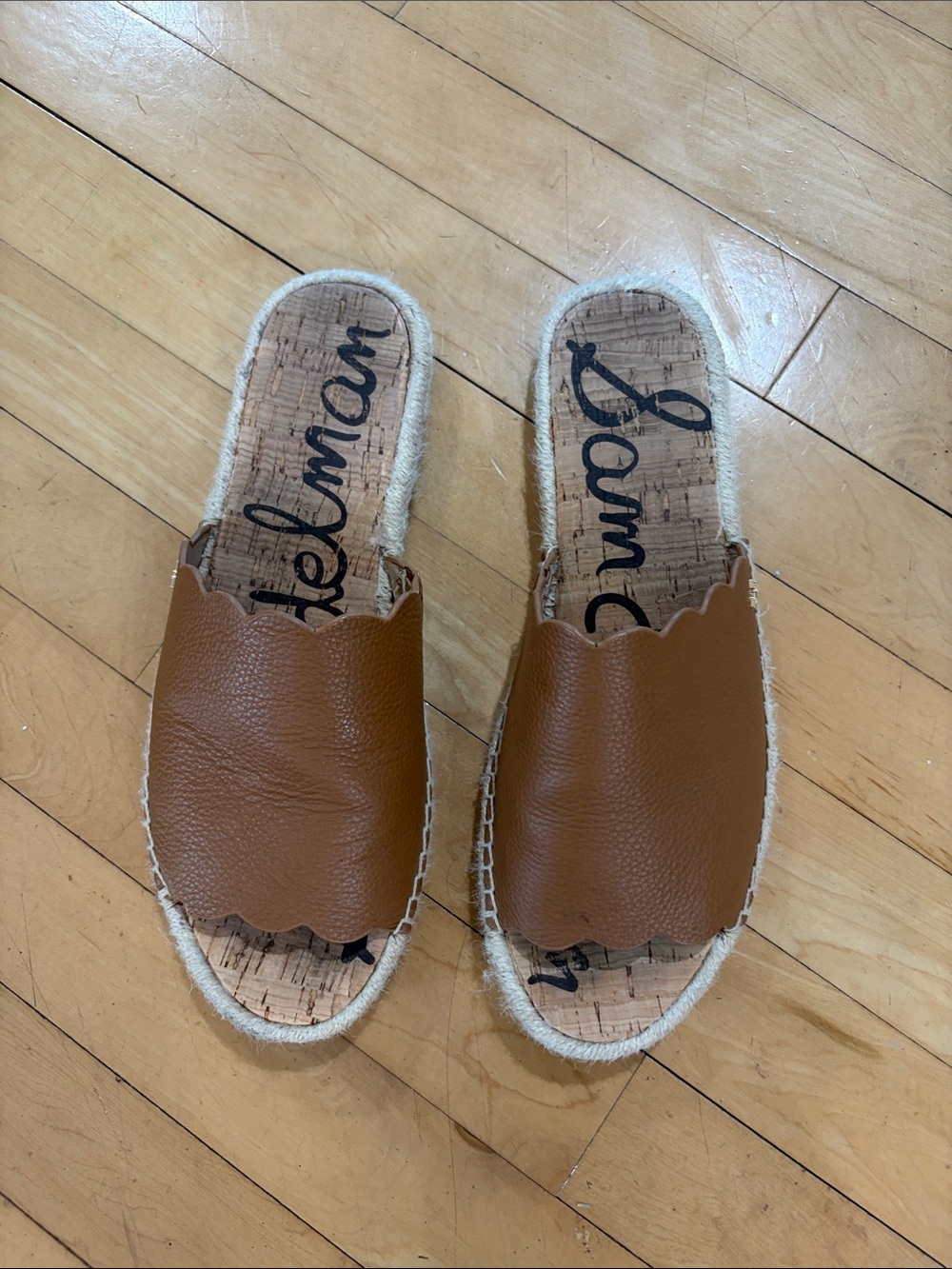 Sam Edelman Tan Scalloped Leather Espadrille Slide Mules